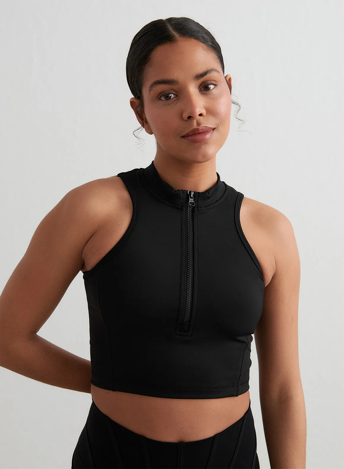 Black Sculpting Racer Front Zip Top