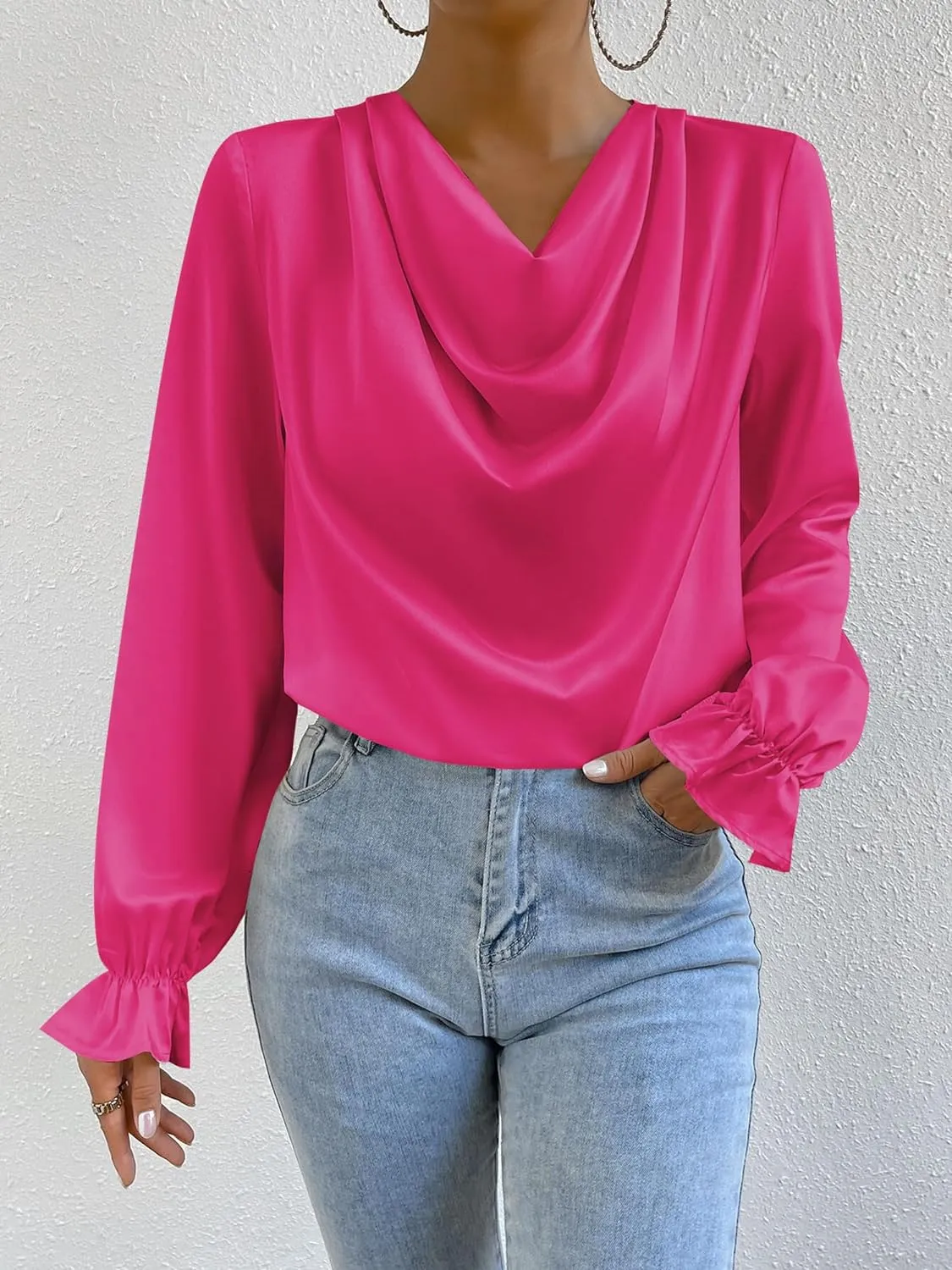 CALSUZ Women's Satin Draped Cowl Neck Tops Silk Long Sleeve Ruched Blouse