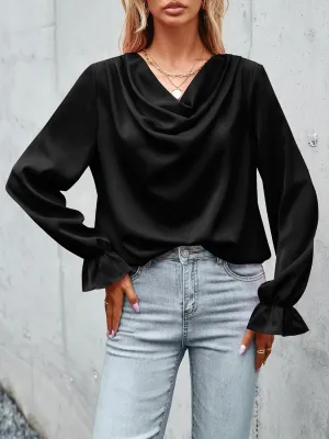 CALSUZ Women's Satin Draped Cowl Neck Tops Silk Long Sleeve Ruched Blouse