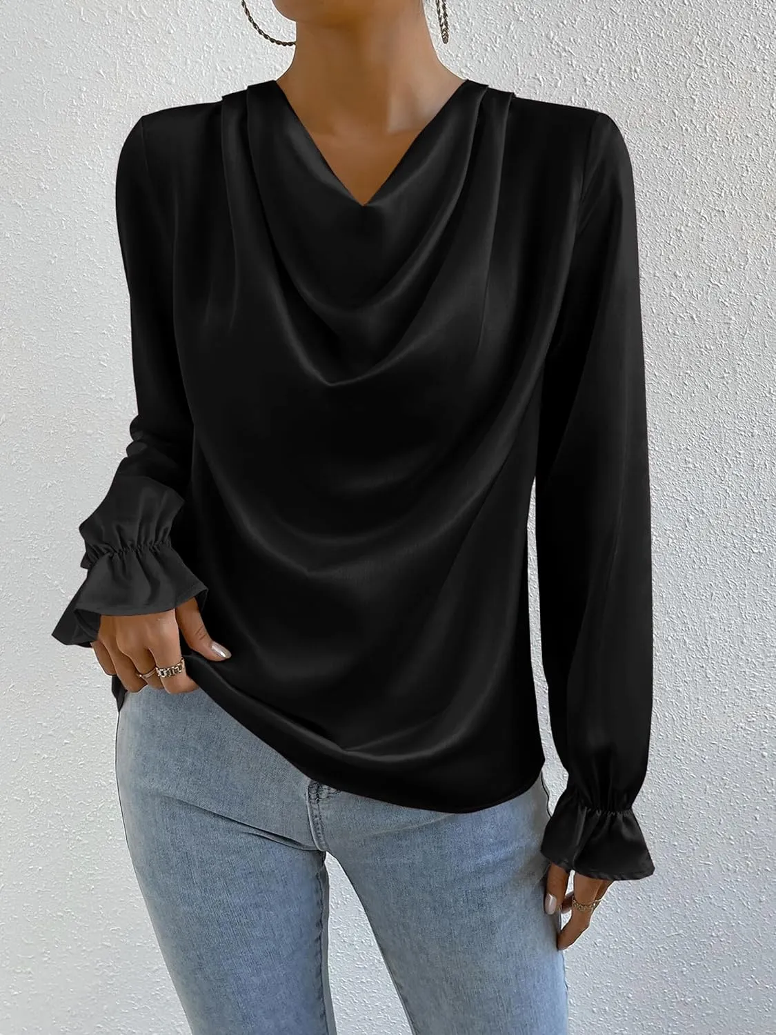 CALSUZ Women's Satin Draped Cowl Neck Tops Silk Long Sleeve Ruched Blouse