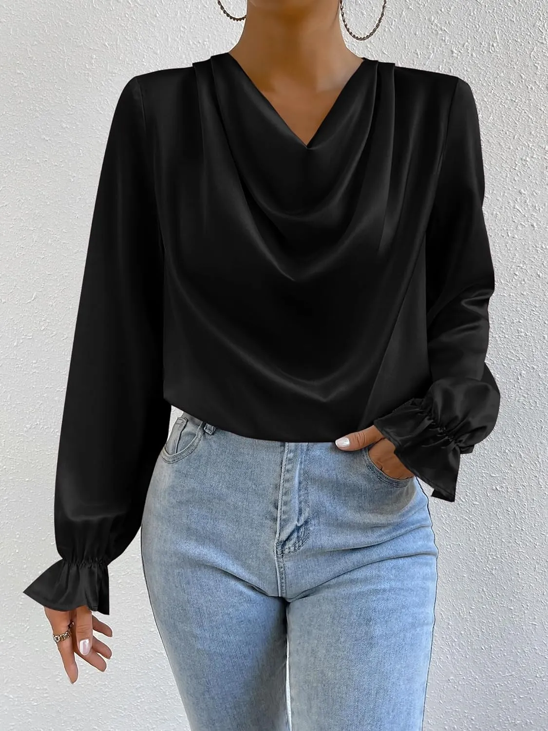 CALSUZ Women's Satin Draped Cowl Neck Tops Silk Long Sleeve Ruched Blouse