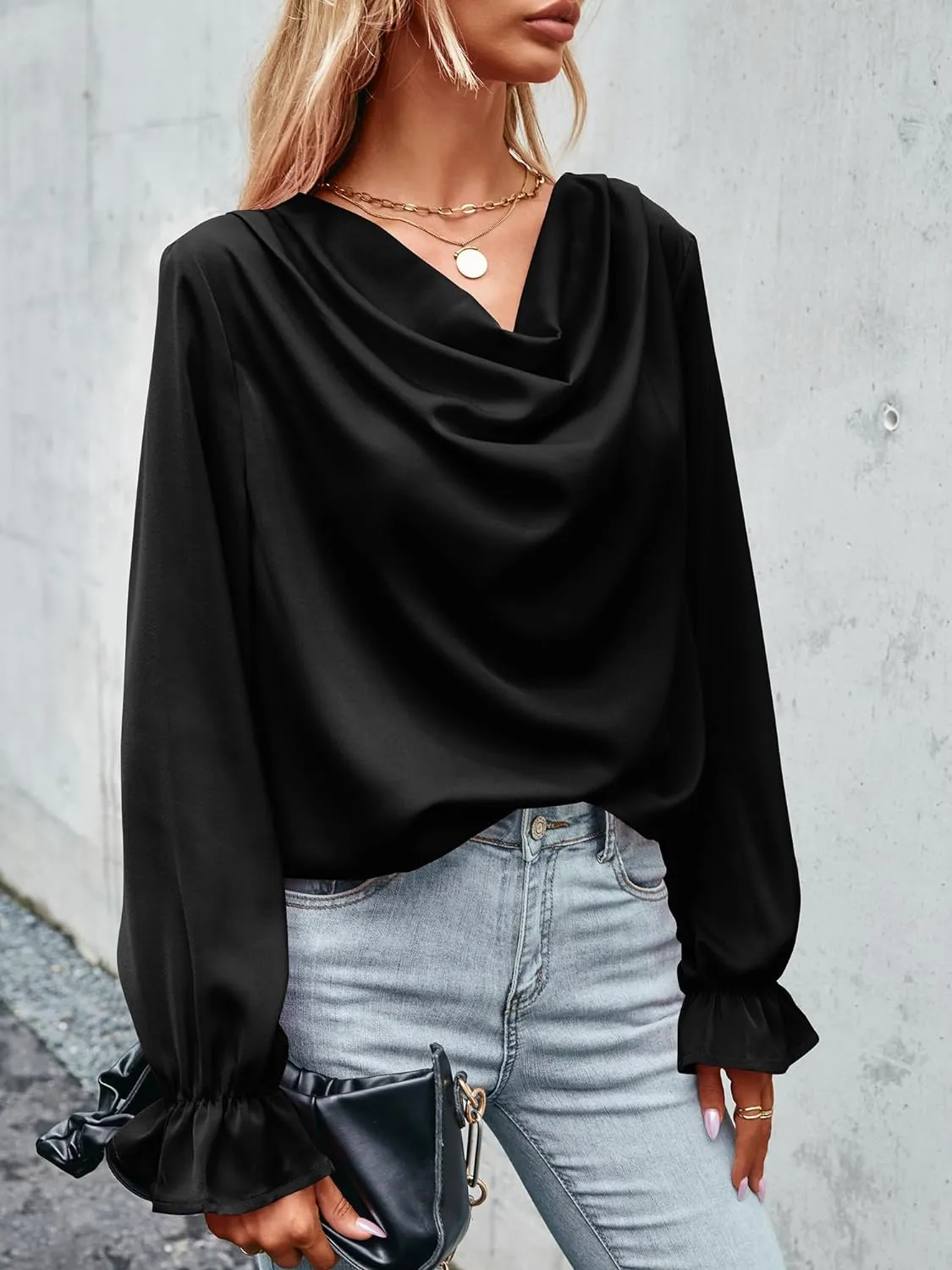 CALSUZ Women's Satin Draped Cowl Neck Tops Silk Long Sleeve Ruched Blouse