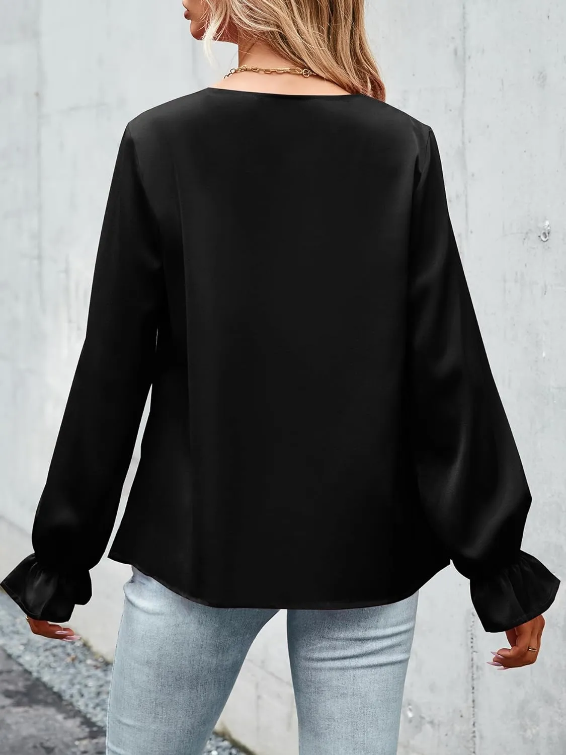 CALSUZ Women's Satin Draped Cowl Neck Tops Silk Long Sleeve Ruched Blouse