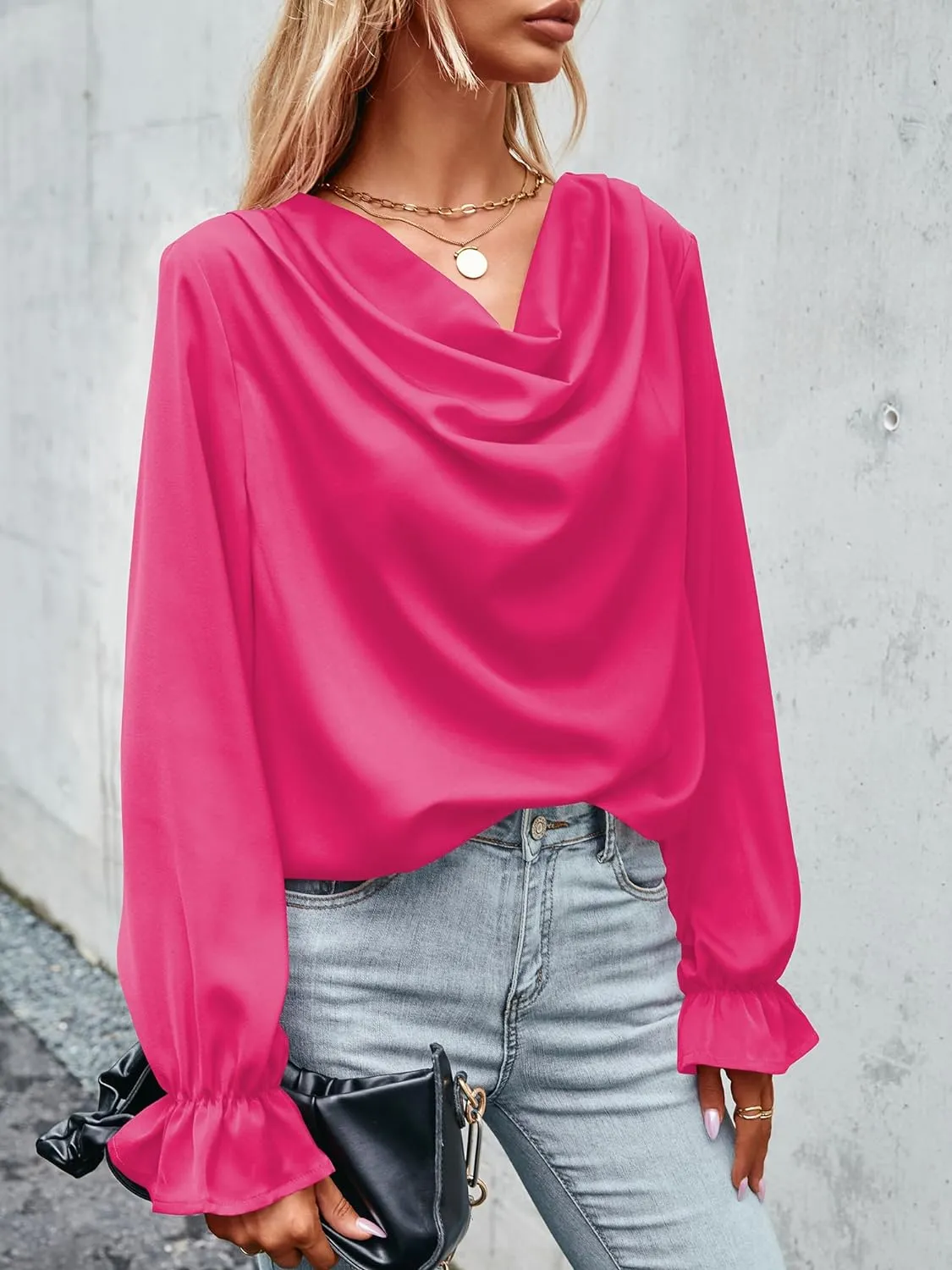 CALSUZ Women's Satin Draped Cowl Neck Tops Silk Long Sleeve Ruched Blouse