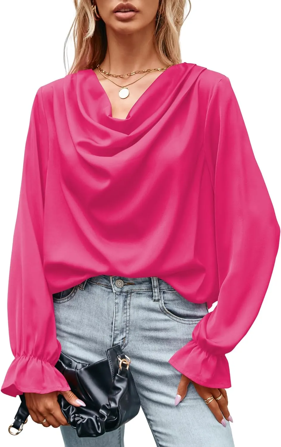 CALSUZ Women's Satin Draped Cowl Neck Tops Silk Long Sleeve Ruched Blouse
