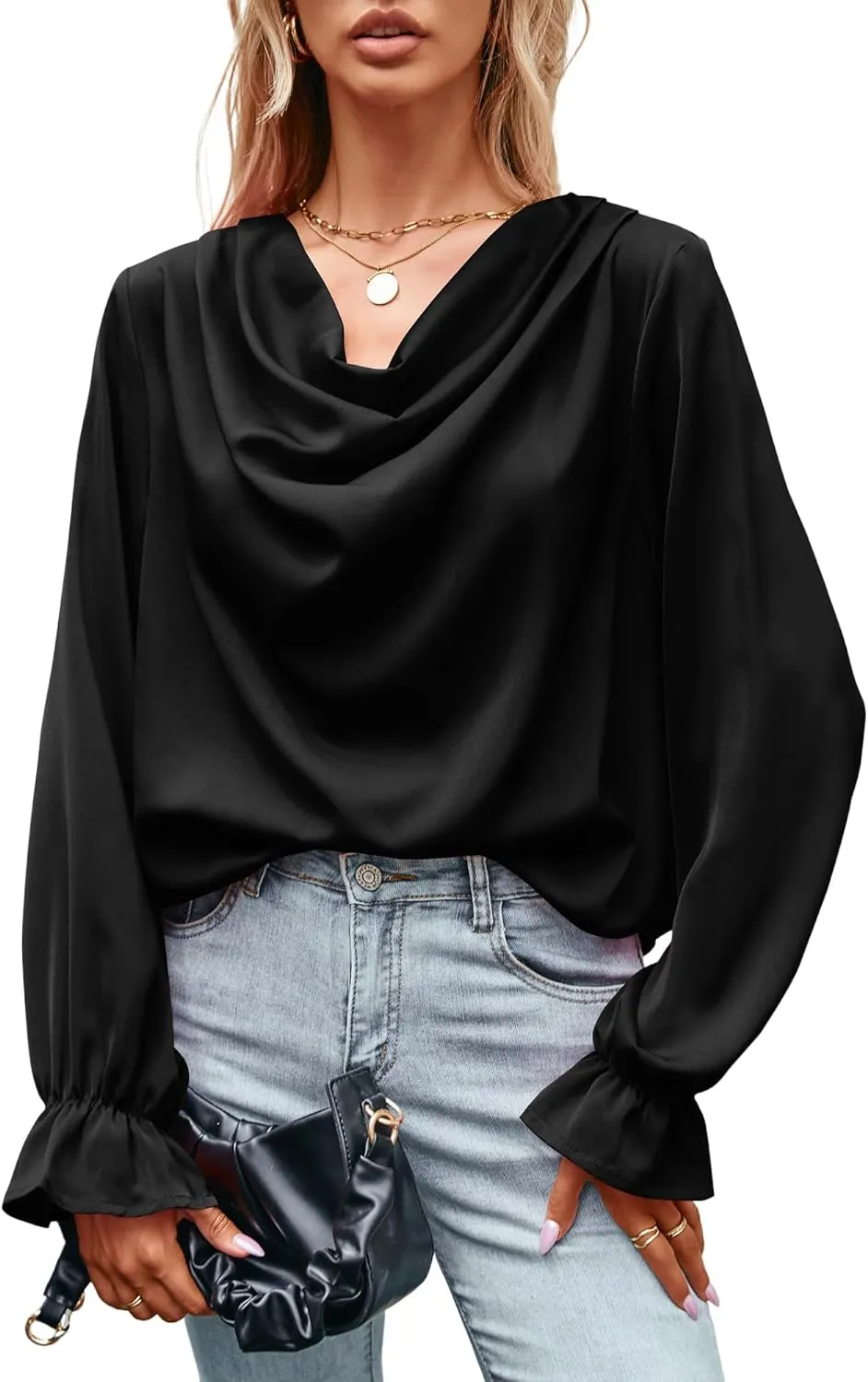 CALSUZ Women's Satin Draped Cowl Neck Tops Silk Long Sleeve Ruched Blouse