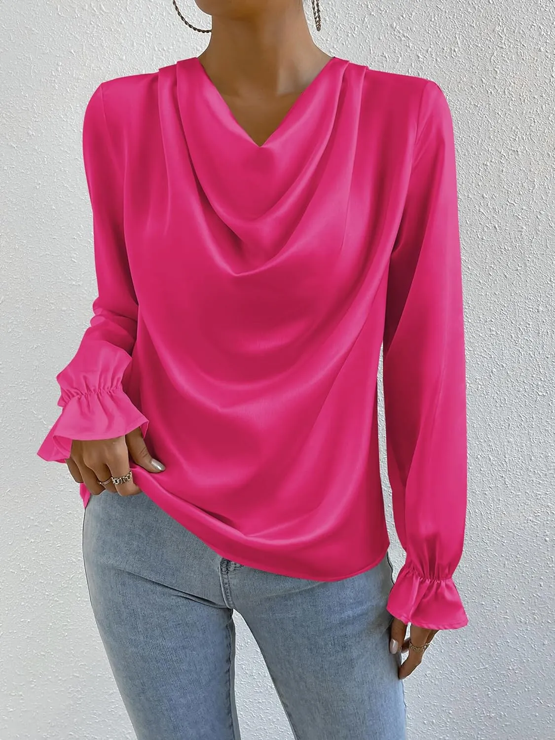 CALSUZ Women's Satin Draped Cowl Neck Tops Silk Long Sleeve Ruched Blouse