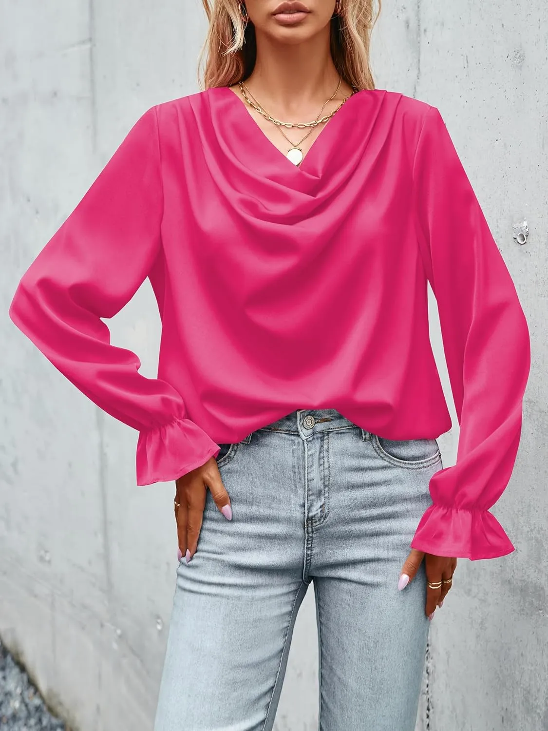 CALSUZ Women's Satin Draped Cowl Neck Tops Silk Long Sleeve Ruched Blouse