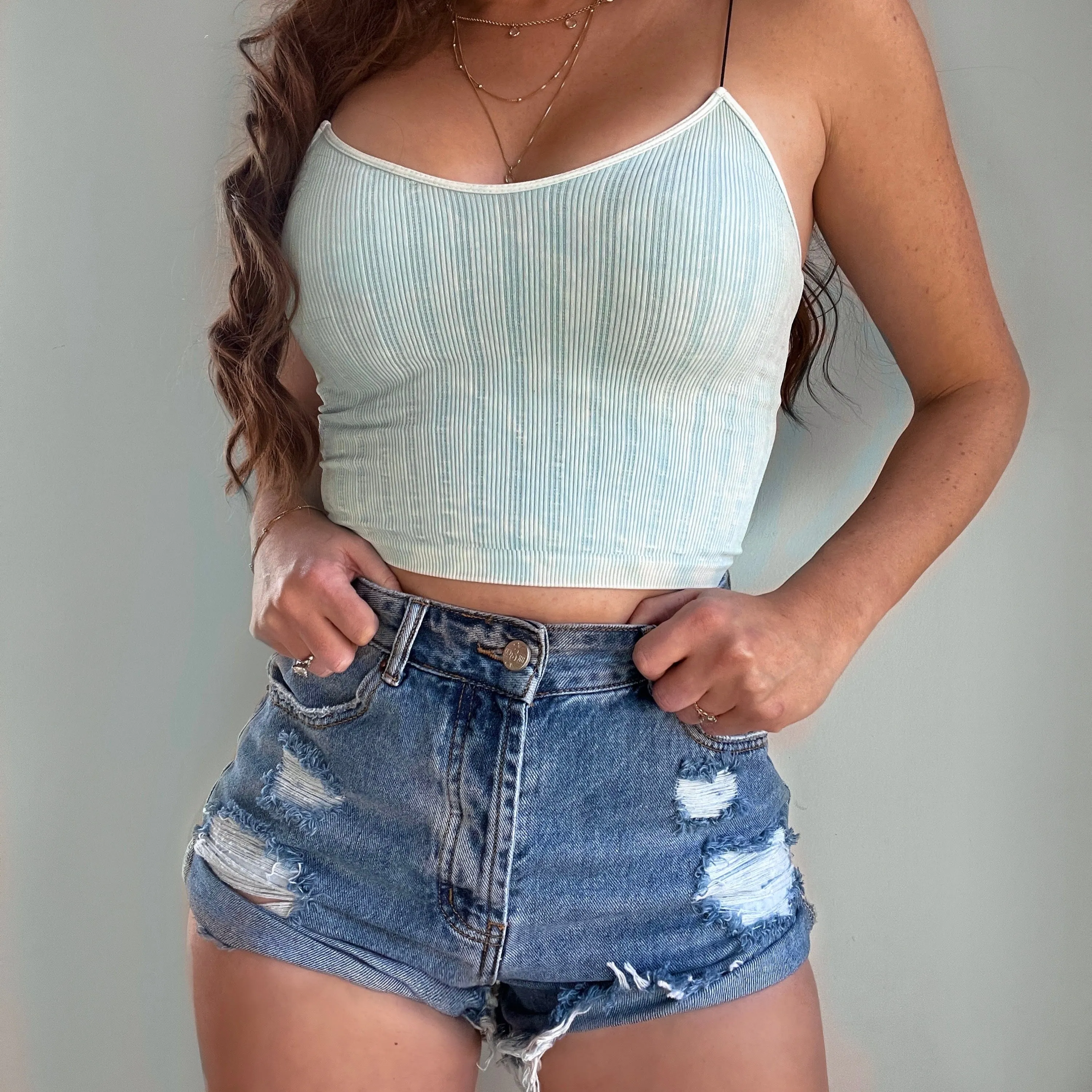 Distressed High Waisted Denim Shorts  - Outer Rolled - The Nova