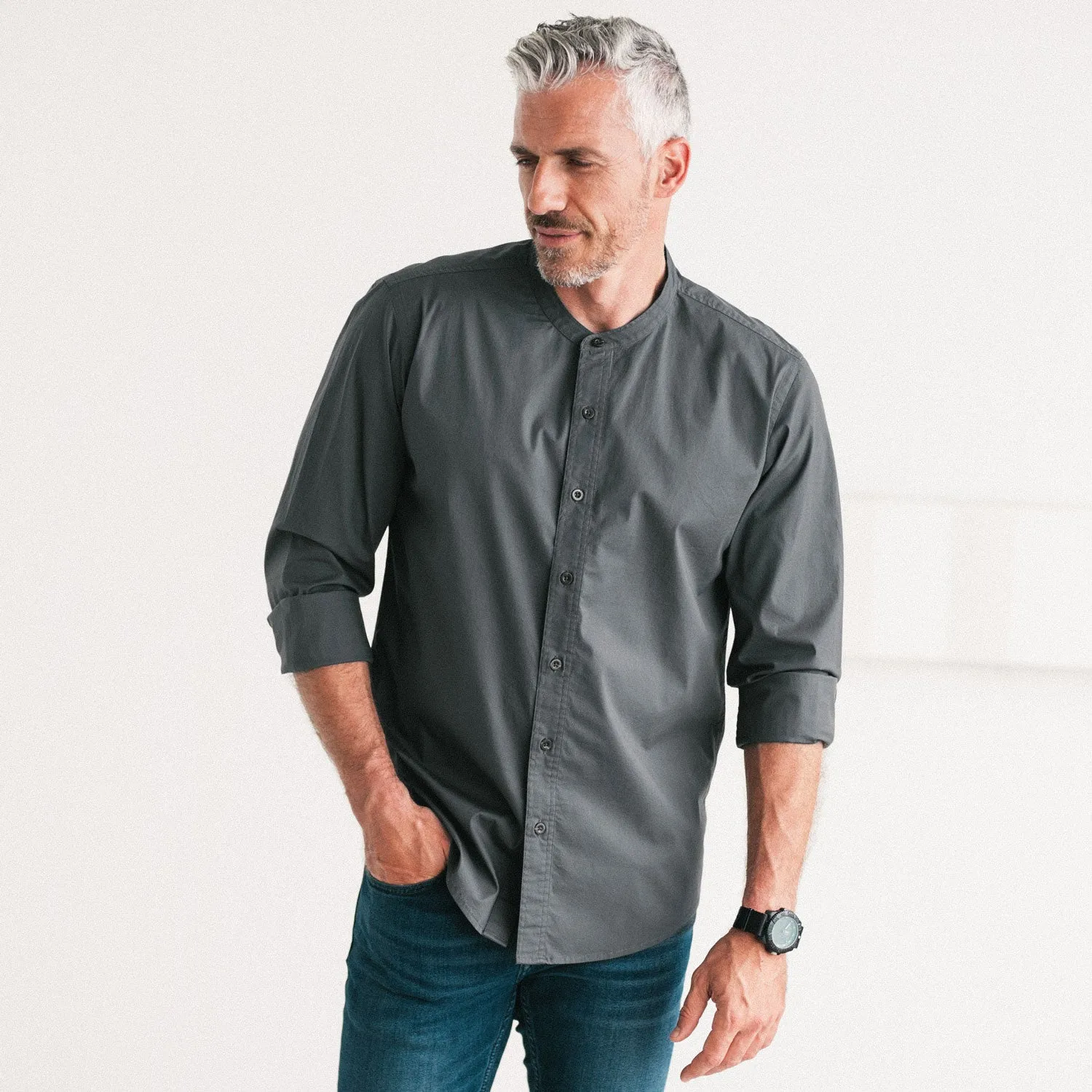 Essential Band Collar Button Down Shirt - Slate Gray Cotton Stretch Poplin