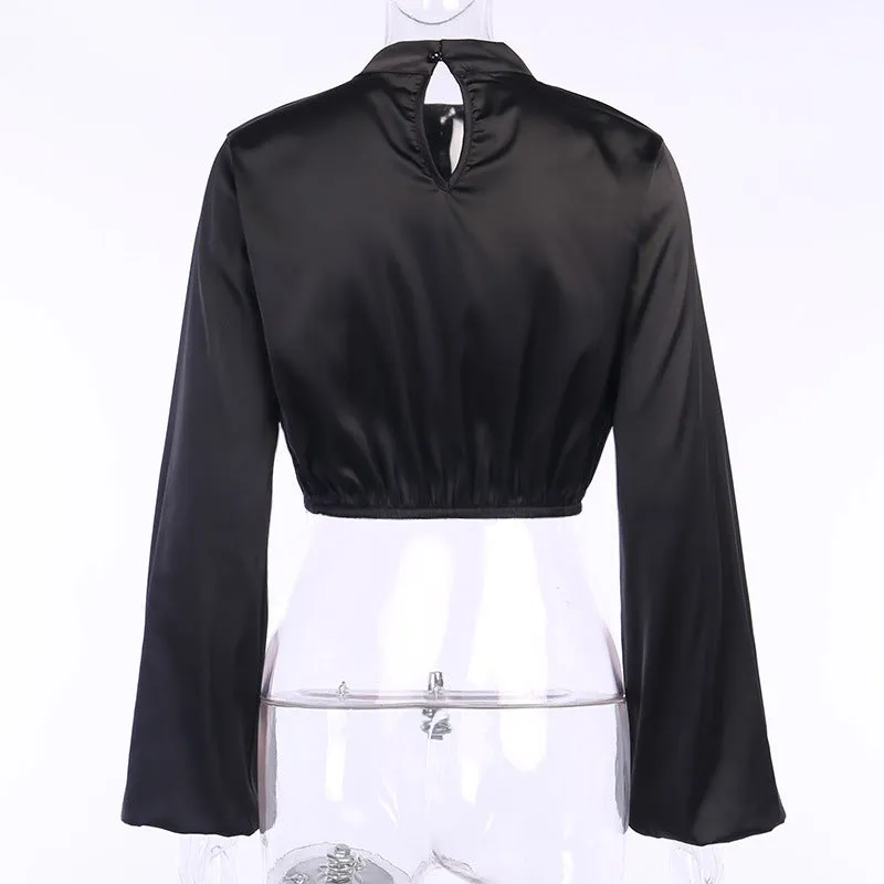 Flared Sleeve Satin Short Tops High Collar