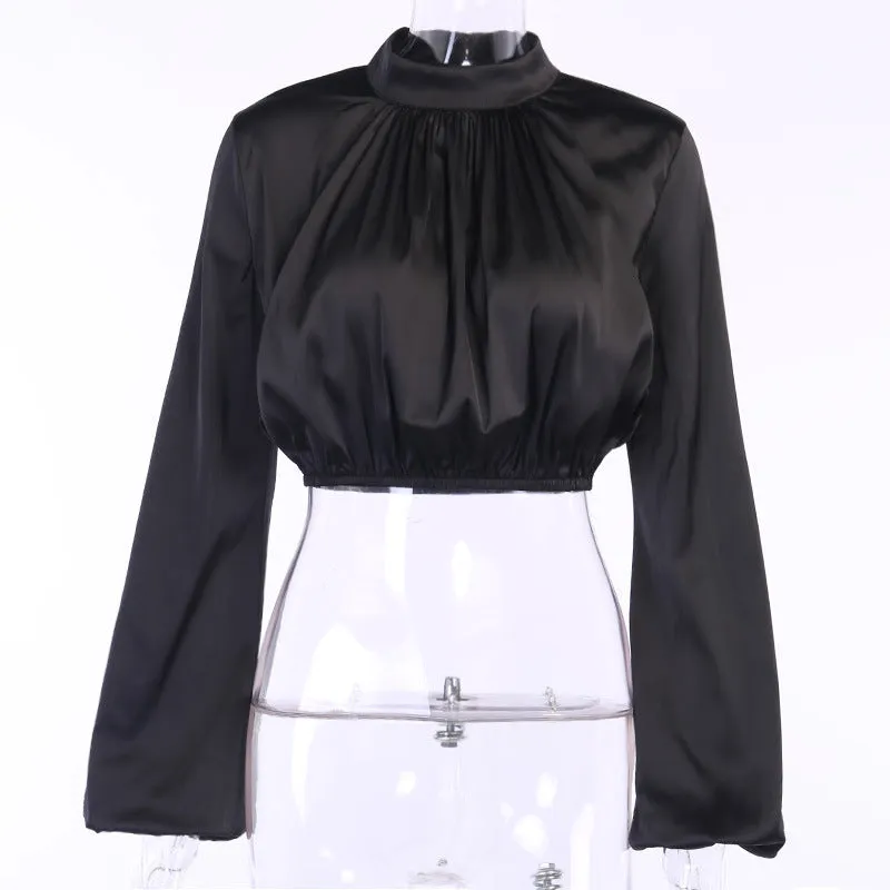 Flared Sleeve Satin Short Tops High Collar