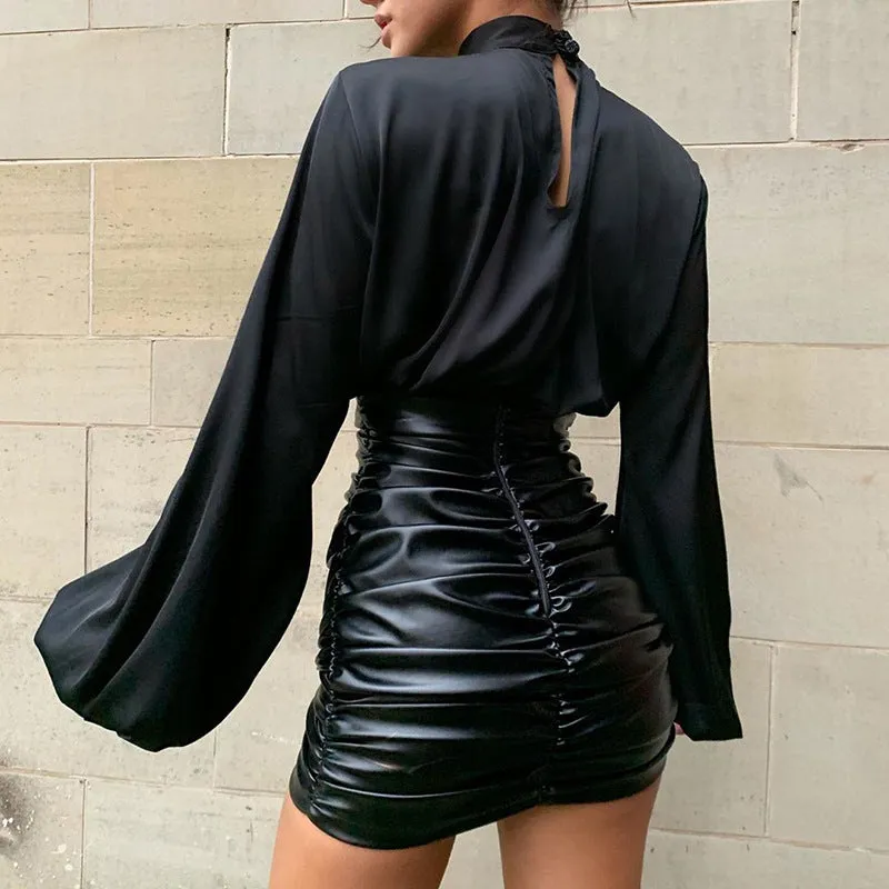Flared Sleeve Satin Short Tops High Collar