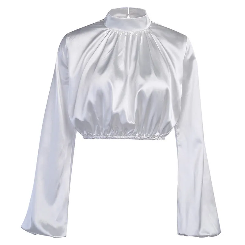 Flared Sleeve Satin Short Tops High Collar
