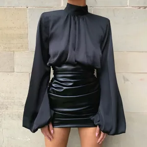 Flared Sleeve Satin Short Tops High Collar
