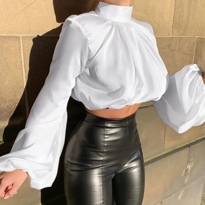 Flared Sleeve Satin Short Tops High Collar