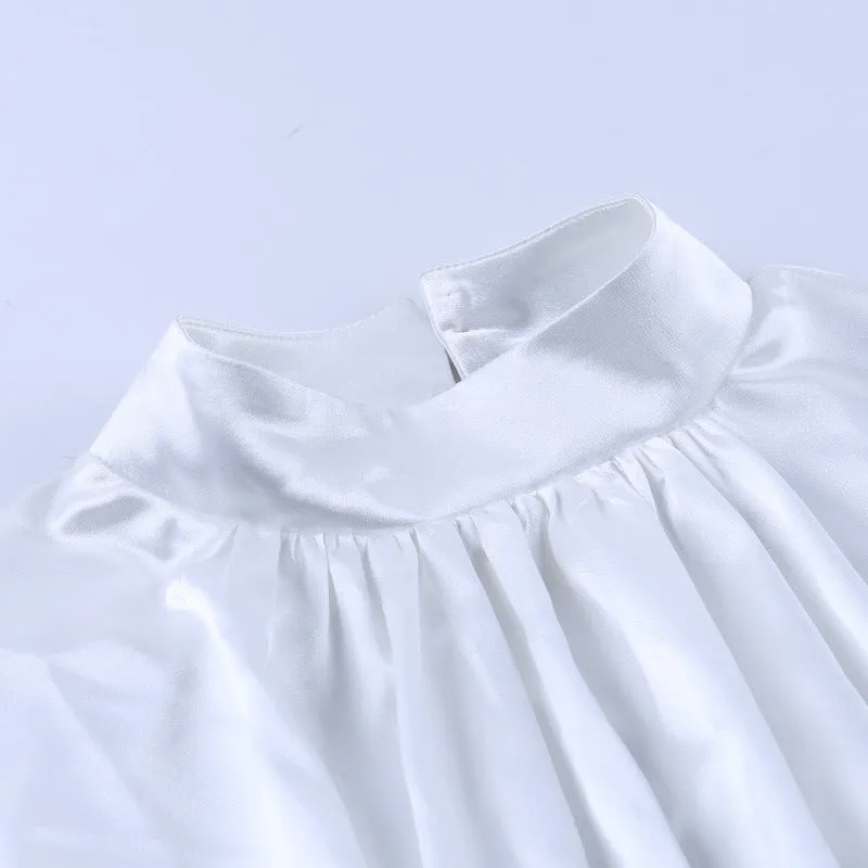 Flared Sleeve Satin Short Tops High Collar
