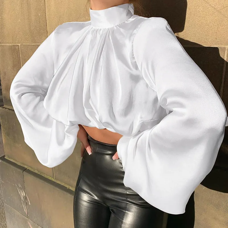 Flared Sleeve Satin Short Tops High Collar