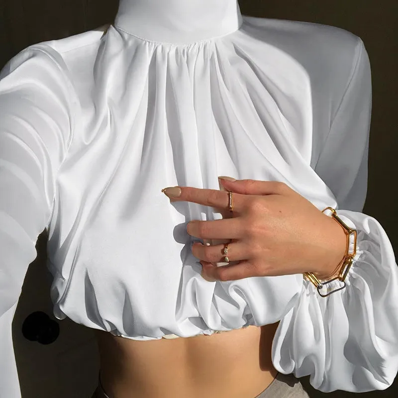 Flared Sleeve Satin Short Tops High Collar