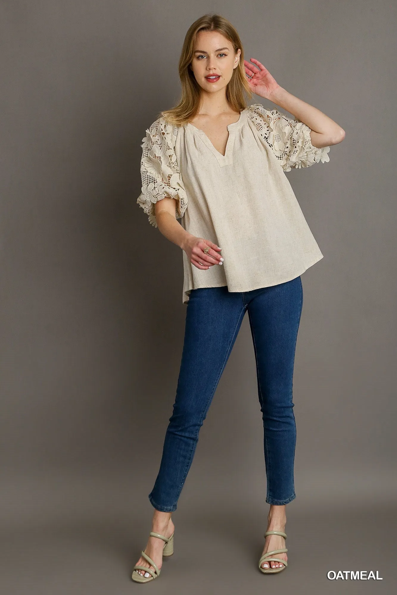 Lane Linen Boxy Cut Split Neck Top In Oatmeal