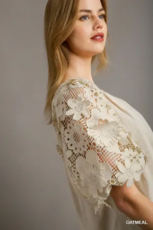 Lane Linen Boxy Cut Split Neck Top In Oatmeal