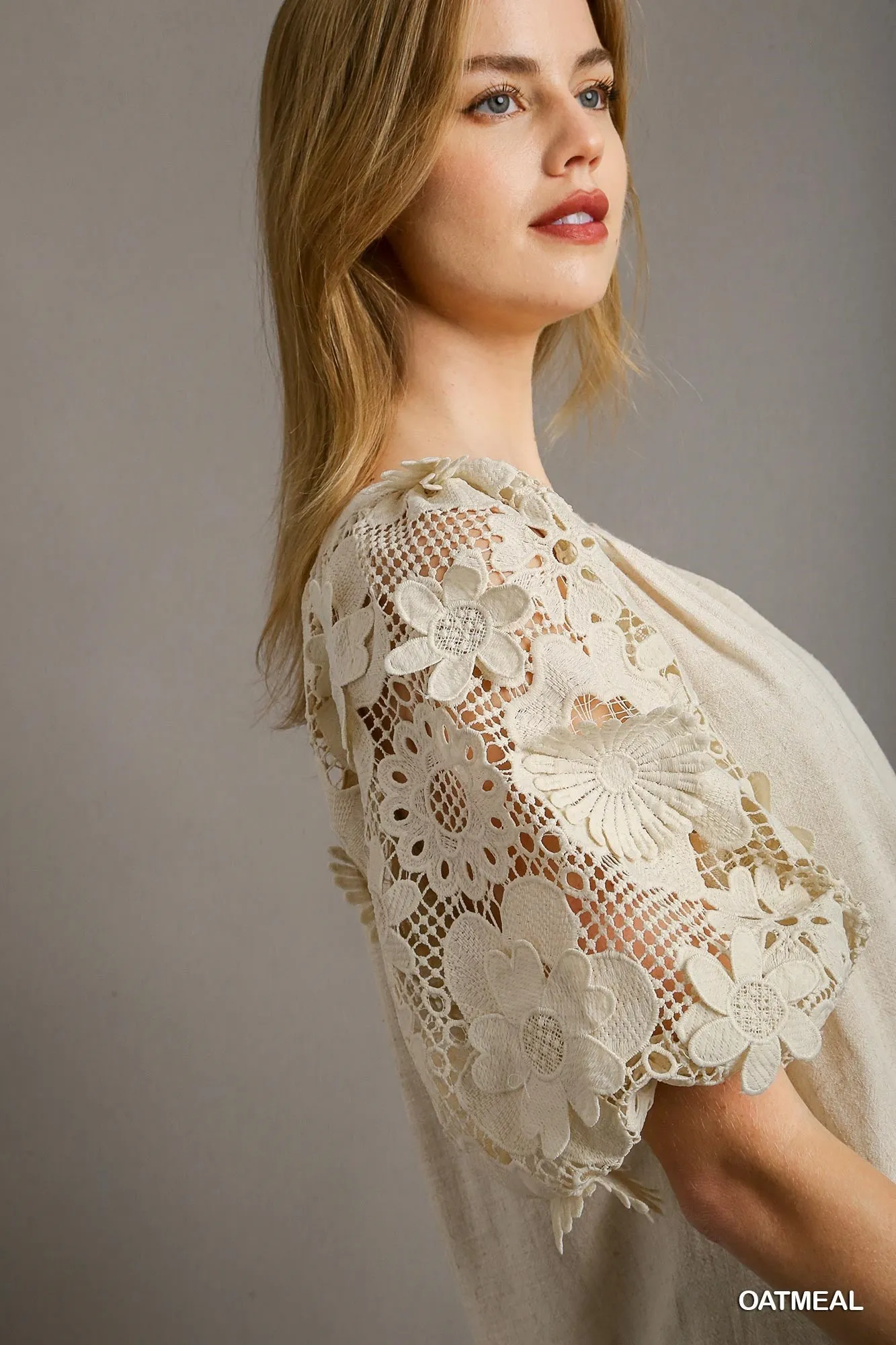 Lane Linen Boxy Cut Split Neck Top In Oatmeal