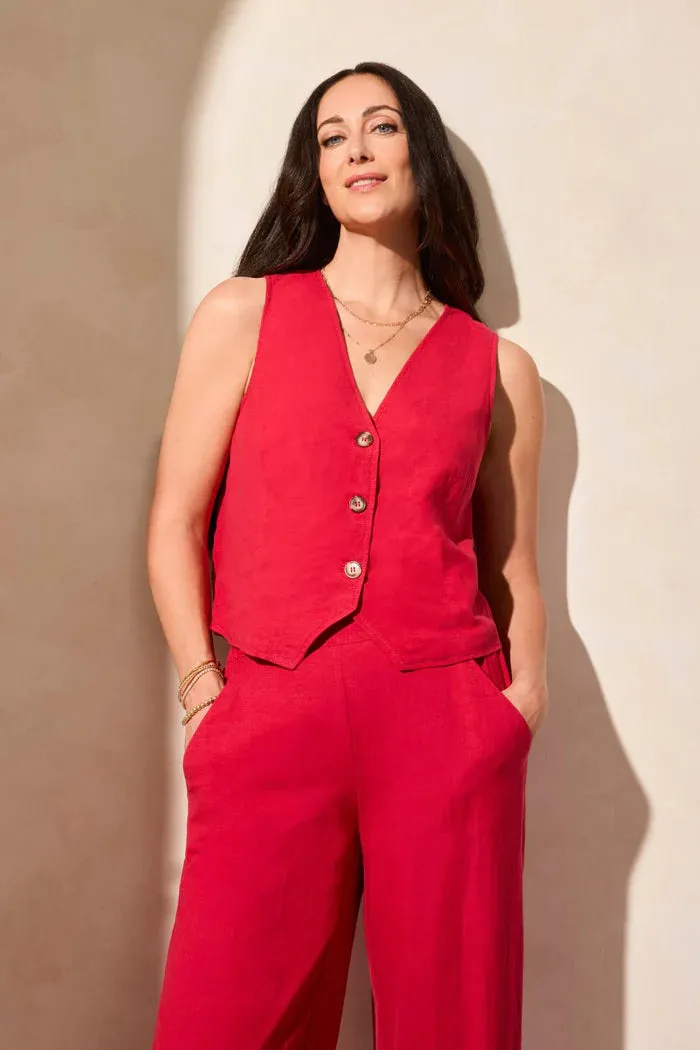Linen Horn Button Front Vest - Cherry