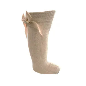 Nude knee length socks with satin bow (0-24 months)