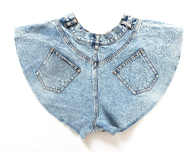 Rhinestone Trim High Waisted Flair Denim Shorts