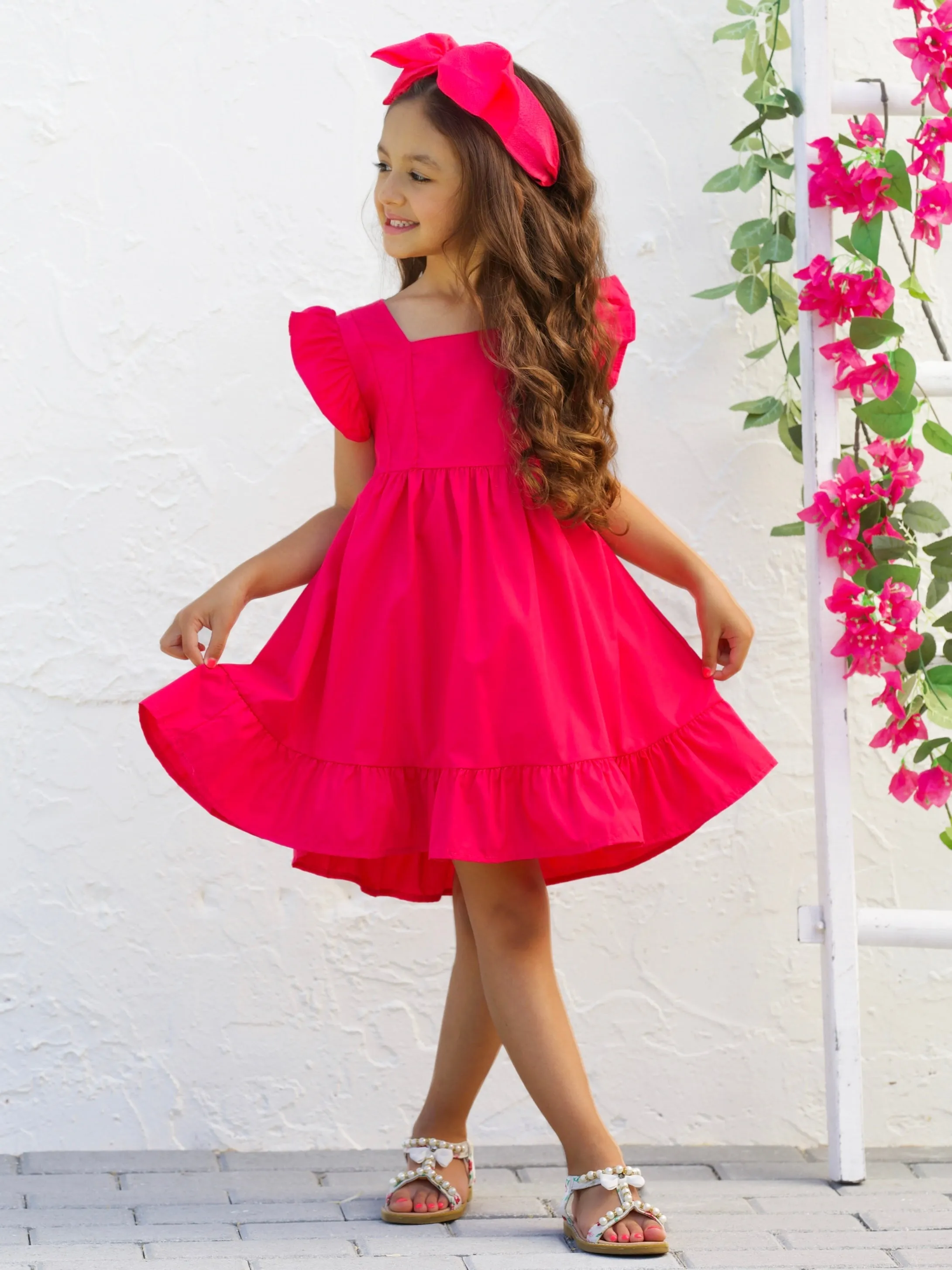 Spring Twirls Flutter Sleeve Linen Dress