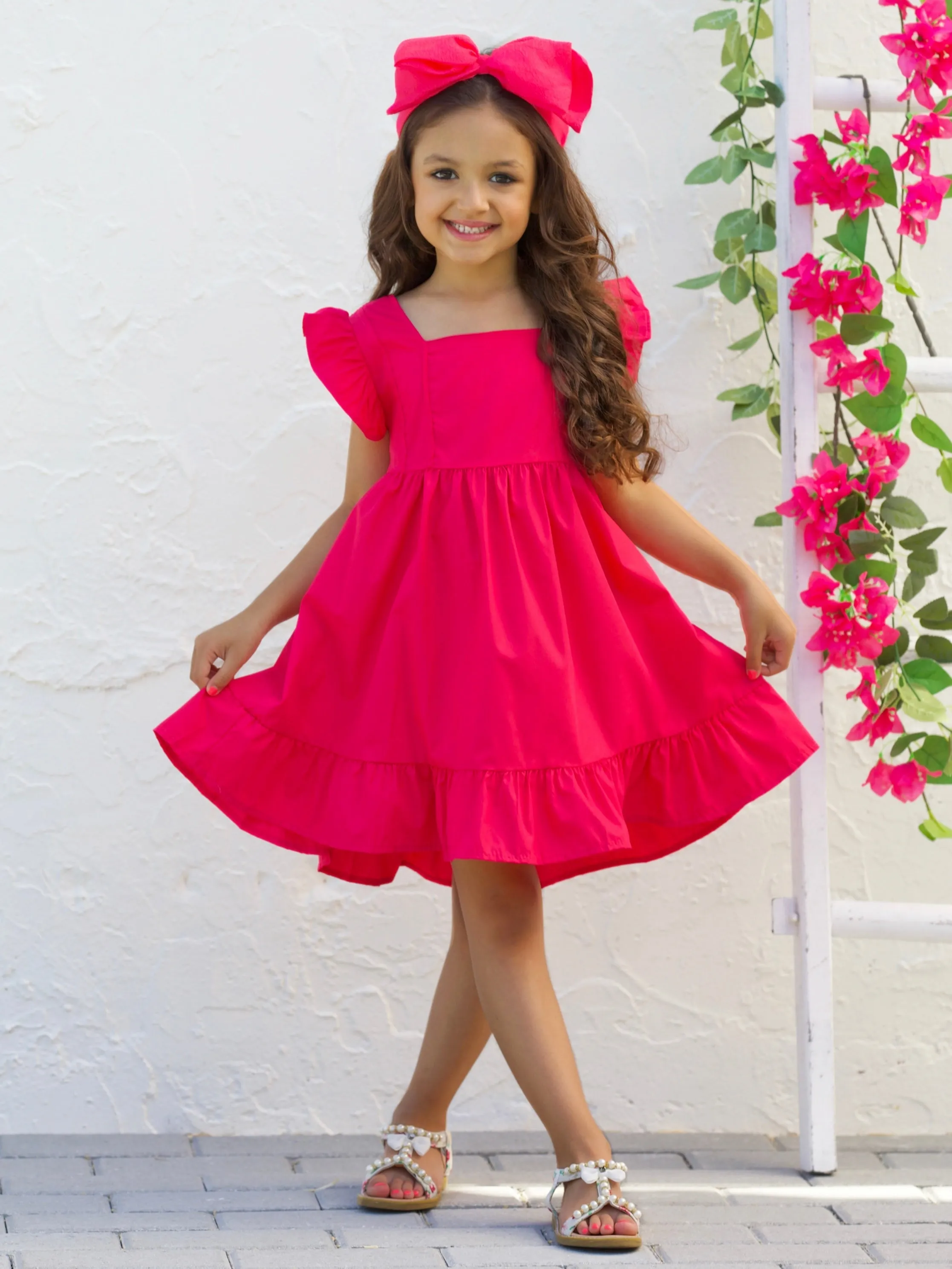 Spring Twirls Flutter Sleeve Linen Dress