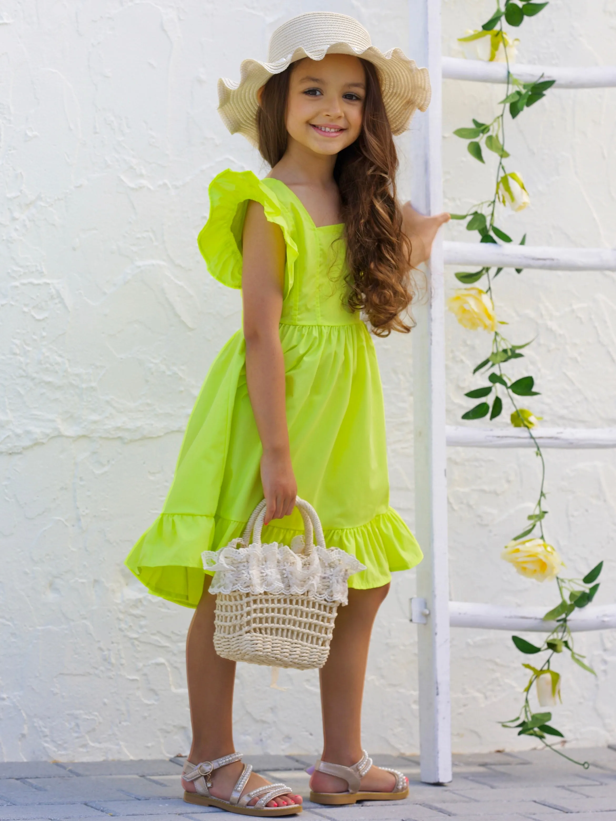 Spring Twirls Flutter Sleeve Linen Dress