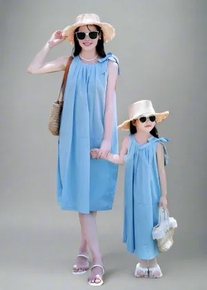 Stylish Blue Sleeveless Mommy and Me Dress Set with Bow Detail  Perfect for Summer Outings