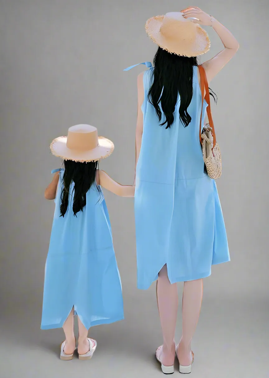 Stylish Blue Sleeveless Mommy and Me Dress Set with Bow Detail  Perfect for Summer Outings