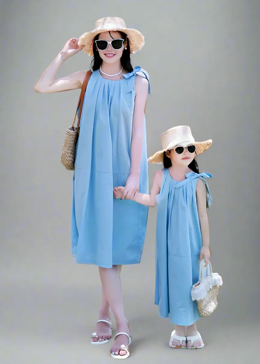 Stylish Blue Sleeveless Mommy and Me Dress Set with Bow Detail  Perfect for Summer Outings
