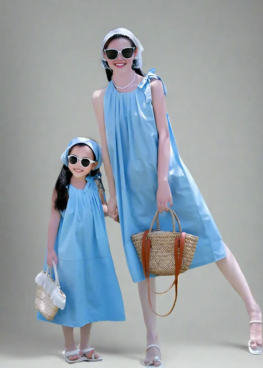 Stylish Blue Sleeveless Mommy and Me Dress Set with Bow Detail  Perfect for Summer Outings