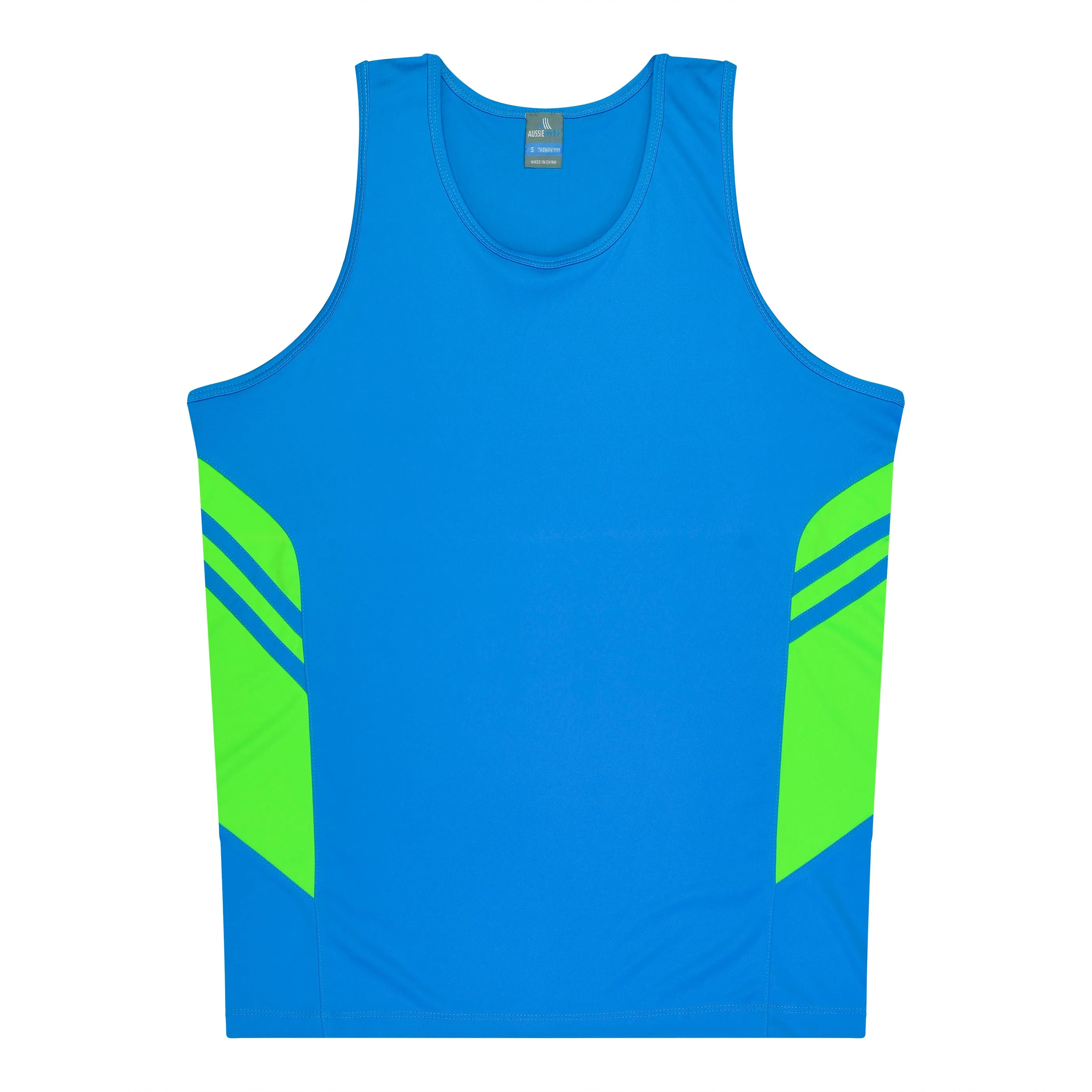 TASMAN MENS SINGLETS - CYAN/NEON GREEN