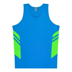 TASMAN MENS SINGLETS - CYAN/NEON GREEN