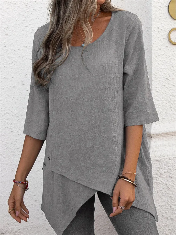 Women's Vintage Round Neck Irregular Hem 3/4 Sleeve Linen Tops