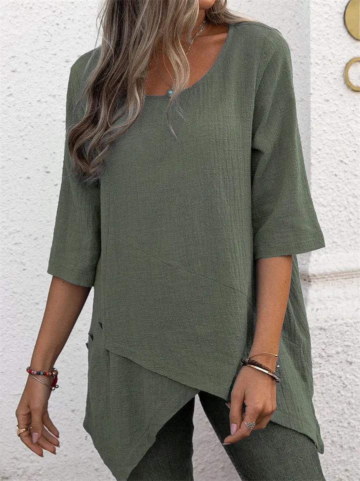 Women's Vintage Round Neck Irregular Hem 3/4 Sleeve Linen Tops